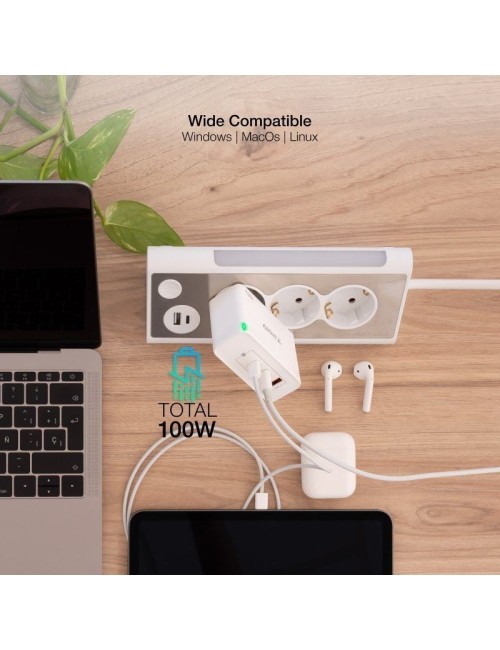 Cargador de Pared GaN TooQ TQWC-GANQC2PD100W/ 2xUSB Tipo-C/ 1xUSB/ 100W
