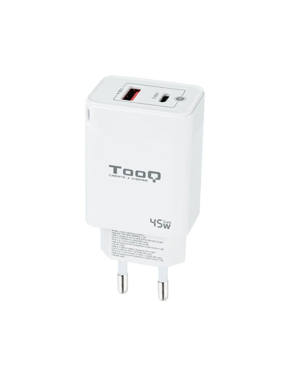 Cargador de Pared GaN TooQ TQWC-GANQCPD45WT/ 1xUSB Tipo-C/ 1xUSB/ 45W