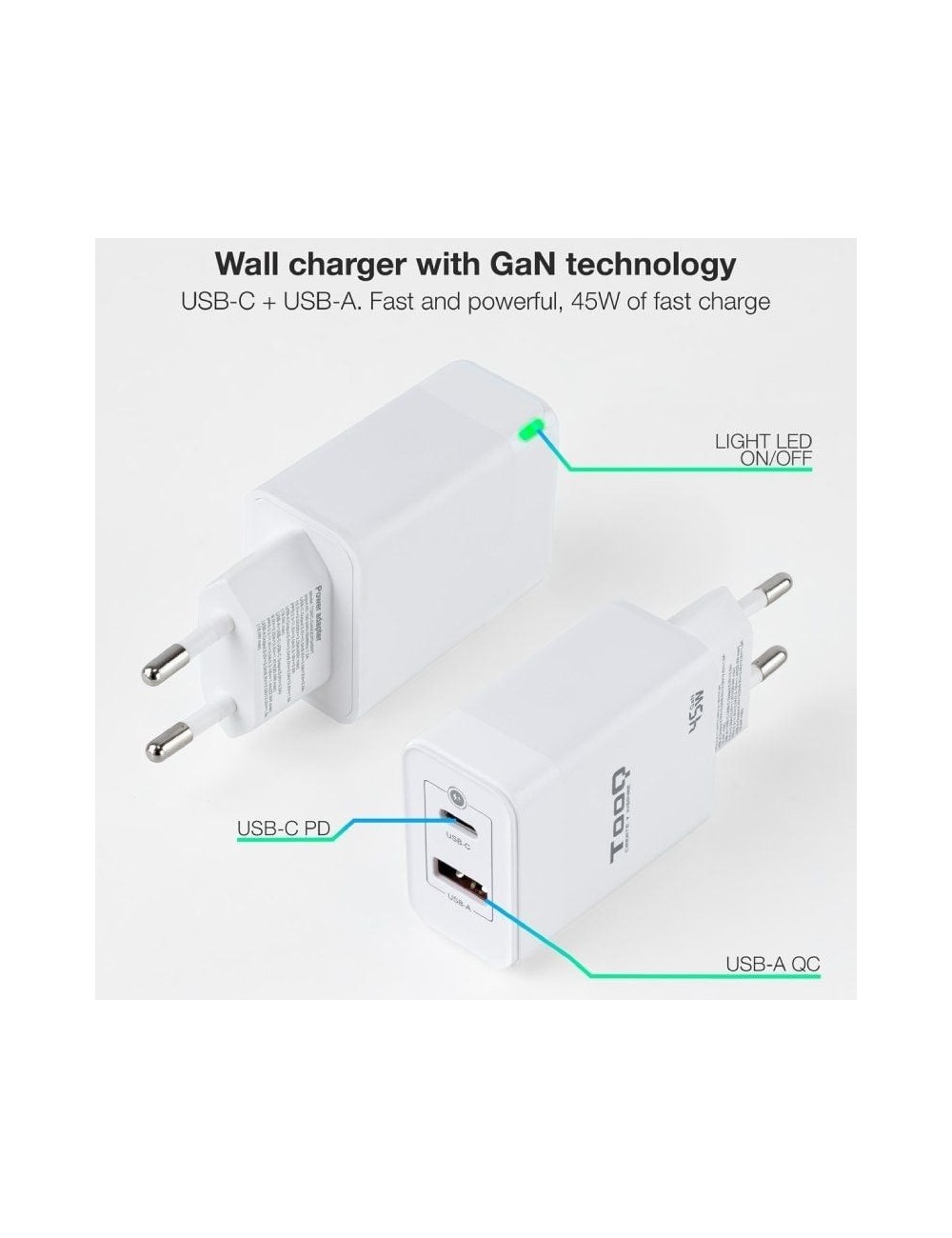 Cargador de Pared GaN TooQ TQWC-GANQCPD45WT/ 1xUSB Tipo-C/ 1xUSB/ 45W