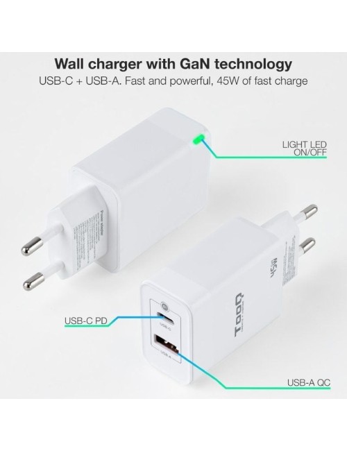 Cargador de Pared GaN TooQ TQWC-GANQCPD45WT/ 1xUSB Tipo-C/ 1xUSB/ 45W