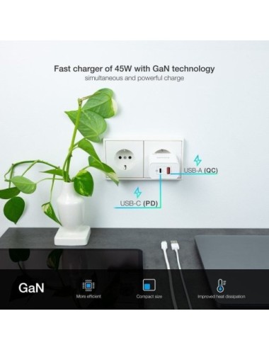 Cargador de Pared GaN TooQ TQWC-GANQCPD45WT/ 1xUSB Tipo-C/ 1xUSB/ 45W