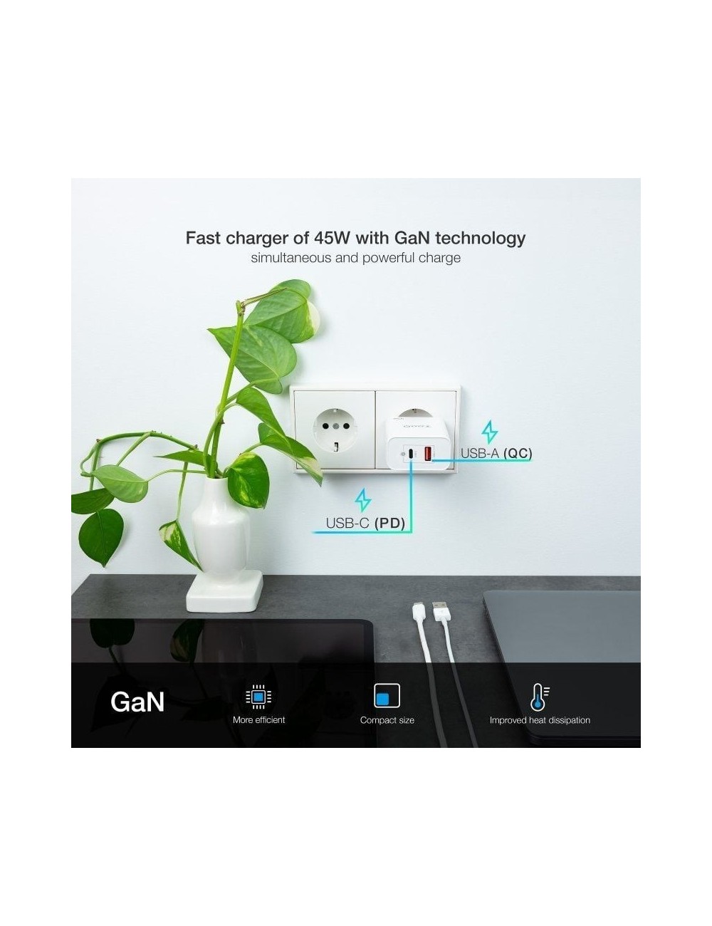 Cargador de Pared GaN TooQ TQWC-GANQCPD45WT/ 1xUSB Tipo-C/ 1xUSB/ 45W