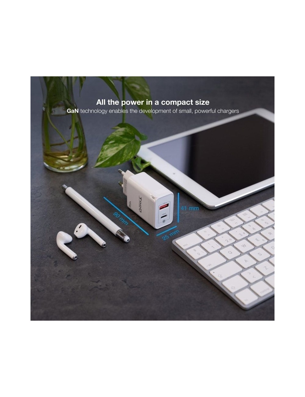 Cargador de Pared GaN TooQ TQWC-GANQCPD45WT/ 1xUSB Tipo-C/ 1xUSB/ 45W