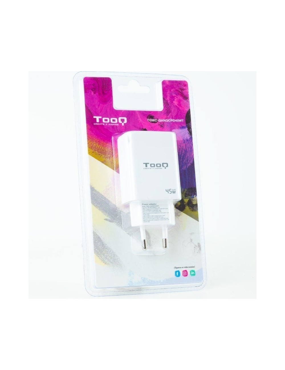 Cargador de Pared GaN TooQ TQWC-GANQCPD45WT/ 1xUSB Tipo-C/ 1xUSB/ 45W