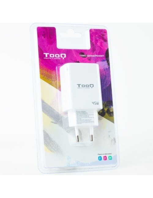 Cargador de Pared GaN TooQ TQWC-GANQCPD45WT/ 1xUSB Tipo-C/ 1xUSB/ 45W