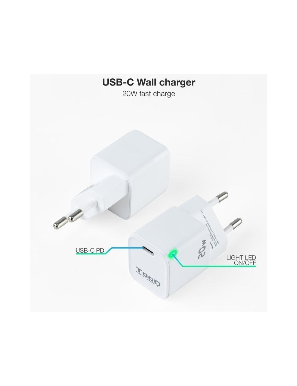 Cargador de Pared TooQ TQWC-PD20WT/ 1xUSB Tipo-C/ 20W/ Blanco