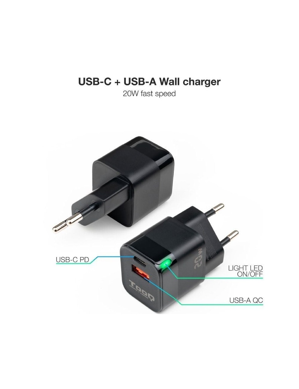 Cargador de Pared TooQ TQWC-QCPD20/ 1xUSB Tipo-C/ 1xUSB/ 20W