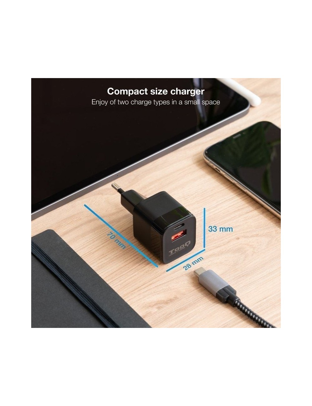 Cargador de Pared TooQ TQWC-QCPD20/ 1xUSB Tipo-C/ 1xUSB/ 20W