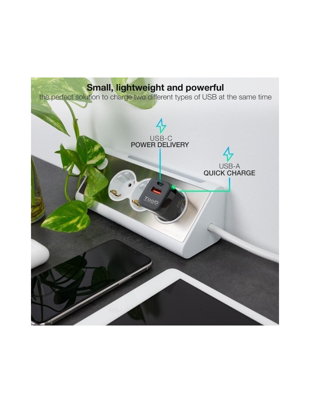 Cargador de Pared TooQ TQWC-QCPD20/ 1xUSB Tipo-C/ 1xUSB/ 20W