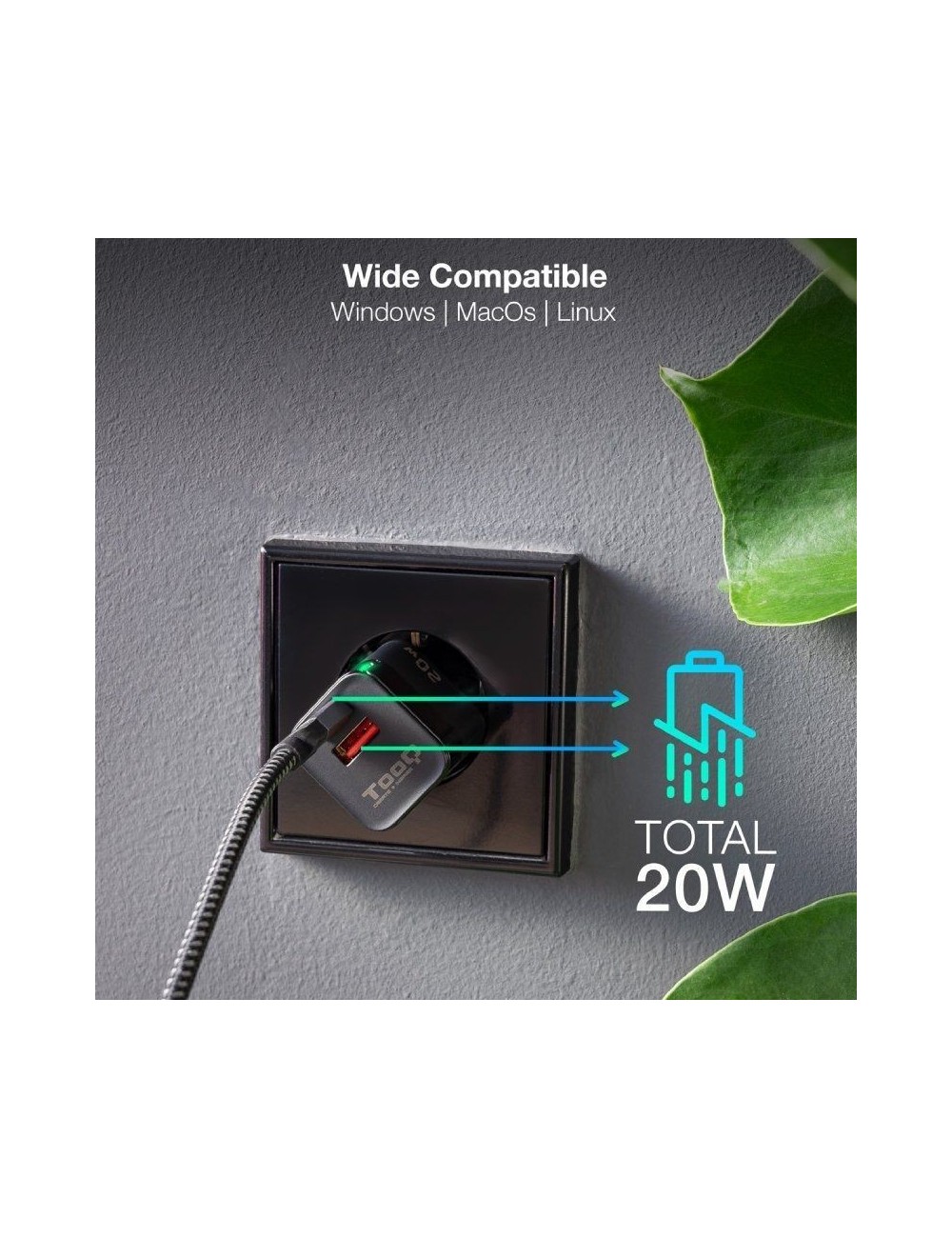Cargador de Pared TooQ TQWC-QCPD20/ 1xUSB Tipo-C/ 1xUSB/ 20W