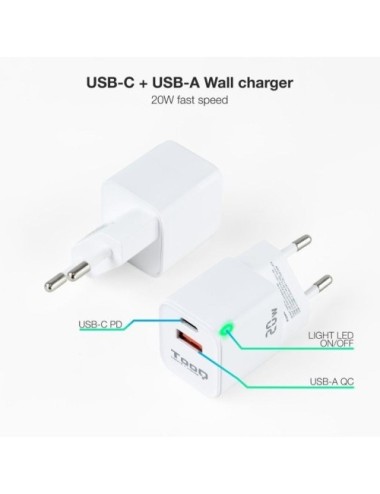 Cargador de Pared TooQ TQWC-QCPD20WT/ 1xUSB-Tipo C/ 1x USB/ 20W/ Blanco
