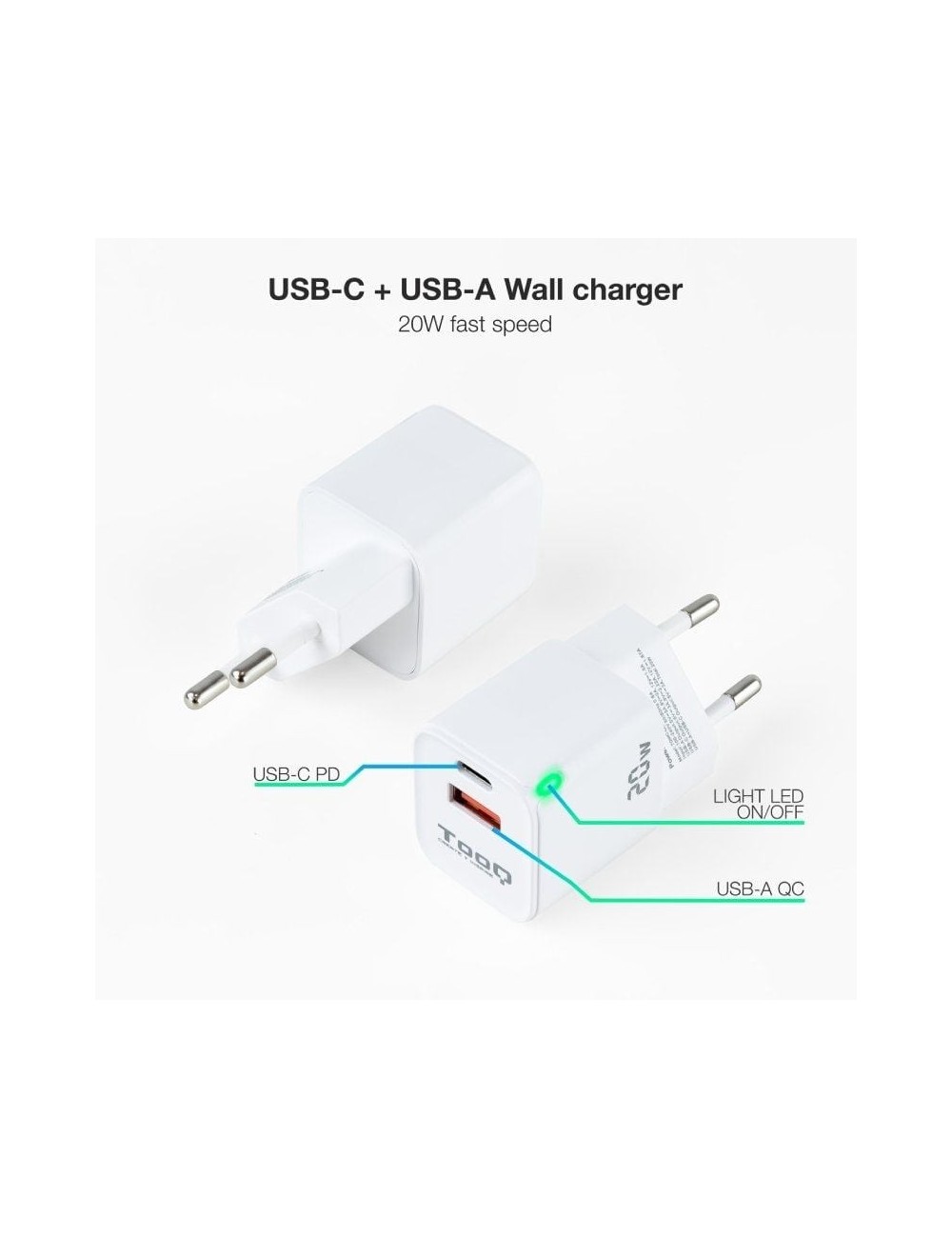 Cargador de Pared TooQ TQWC-QCPD20WT/ 1xUSB-Tipo C/ 1x USB/ 20W/ Blanco