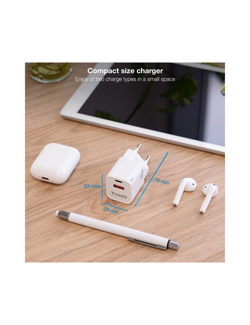 Cargador de Pared TooQ TQWC-QCPD20WT/ 1xUSB-Tipo C/ 1x USB/ 20W/ Blanco
