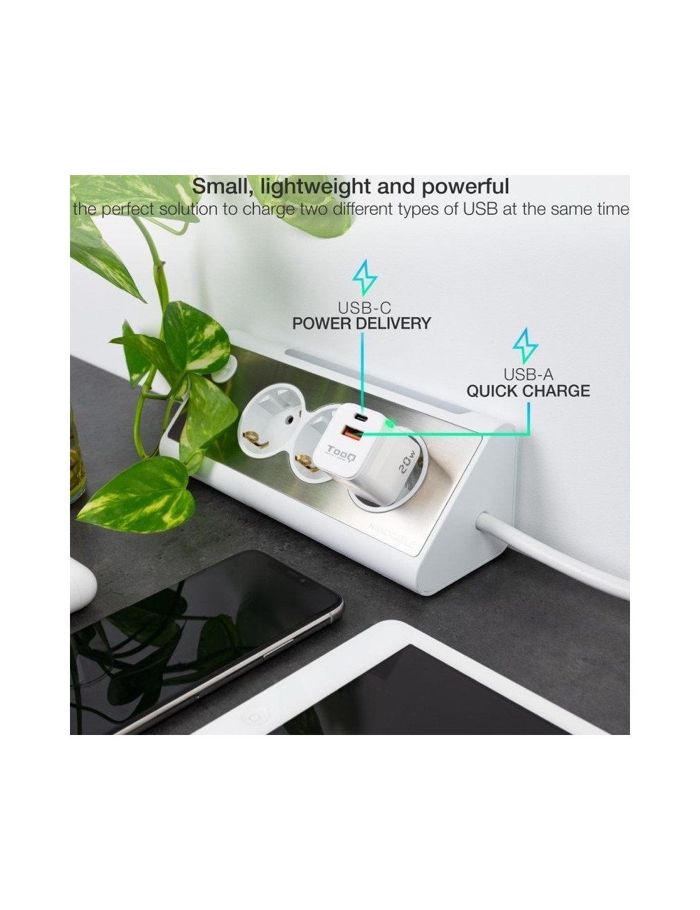 Cargador de Pared TooQ TQWC-QCPD20WT/ 1xUSB-Tipo C/ 1x USB/ 20W/ Blanco