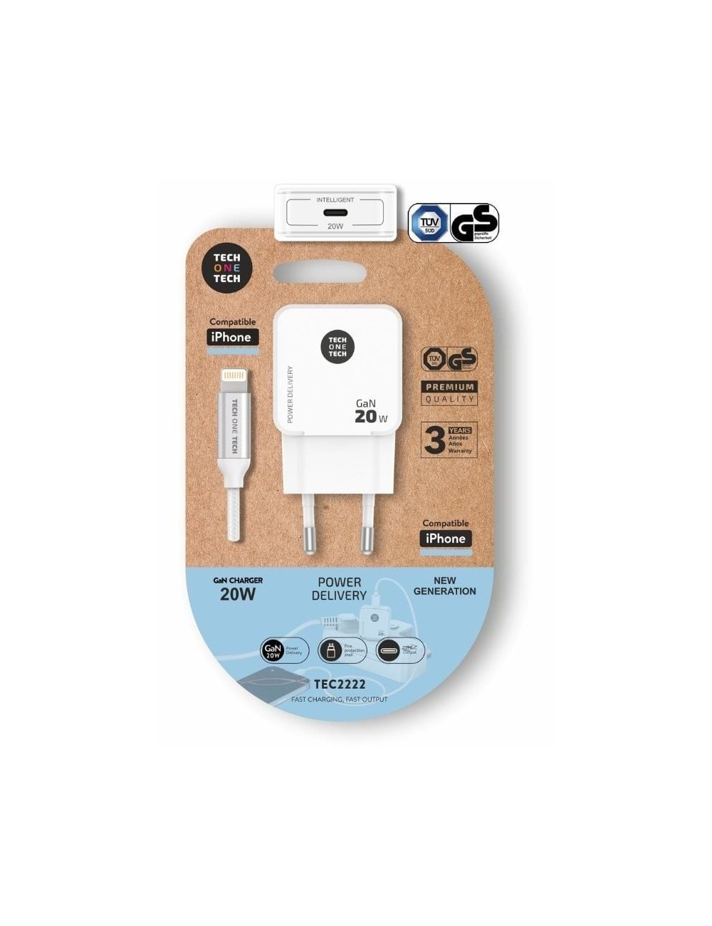 Cargador de Pared Tech One Tech TEC2222/ 1xUSB Tipo-C + Cable Lightning/ 20W/ Blanco