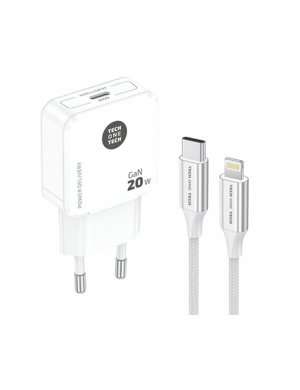 Cargador de Pared Tech One Tech TEC2222/ 1xUSB Tipo-C + Cable Lightning/ 20W/ Blanco