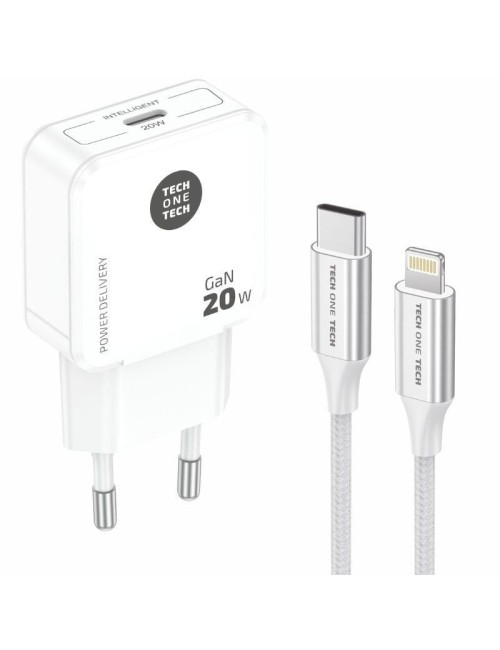 Cargador de Pared Tech One Tech TEC2222/ 1xUSB Tipo-C + Cable Lightning/ 20W/ Blanco