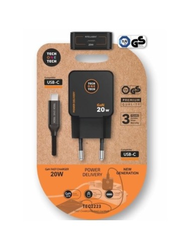 Cargador de Pared GaN Tech One Tech TEC2223/ 1xUSB Tipo-C + Cable USB Tipo-C/ 20W/ Negro