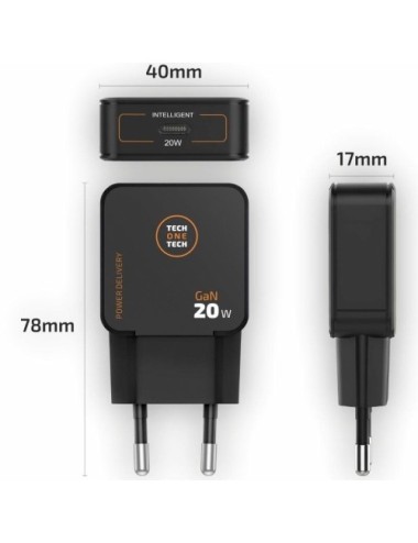Cargador de Pared GaN Tech One Tech TEC2223/ 1xUSB Tipo-C + Cable USB Tipo-C/ 20W/ Negro