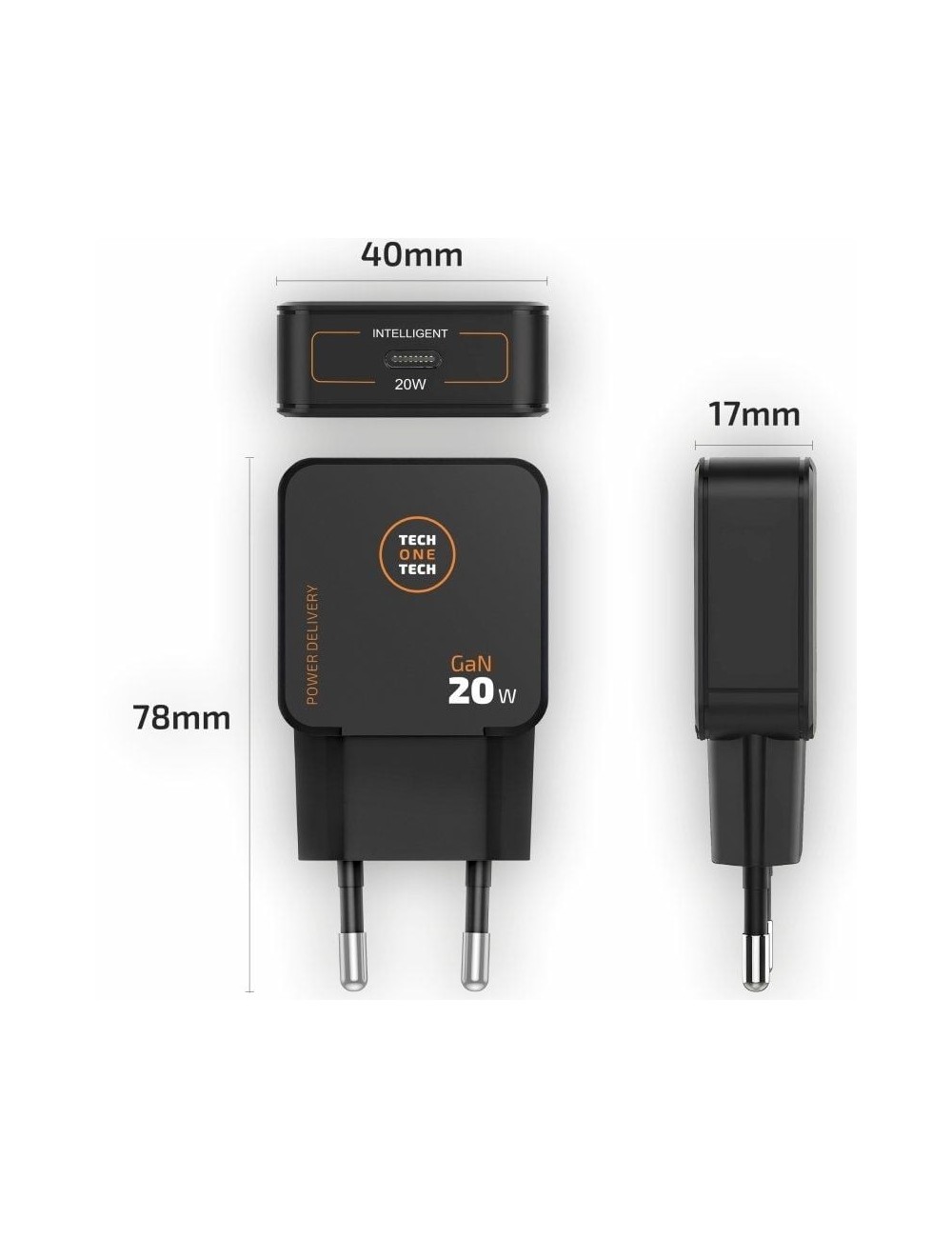 Cargador de Pared GaN Tech One Tech TEC2223/ 1xUSB Tipo-C + Cable USB Tipo-C/ 20W/ Negro