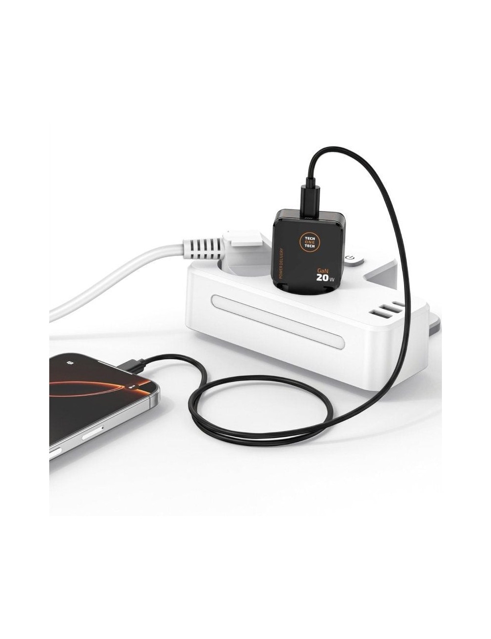 Cargador de Pared GaN Tech One Tech TEC2223/ 1xUSB Tipo-C + Cable USB Tipo-C/ 20W/ Negro