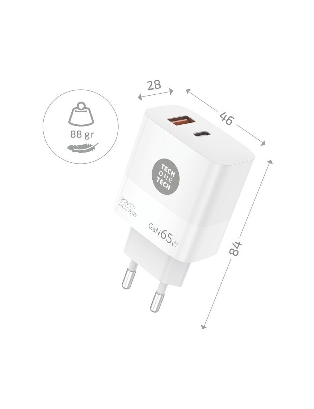 Cargador de Pared GaN Tech One Tech GaN TEC2270/ 1xUSB Tipo-C/ 1xUSB/ 65W/ Blanco