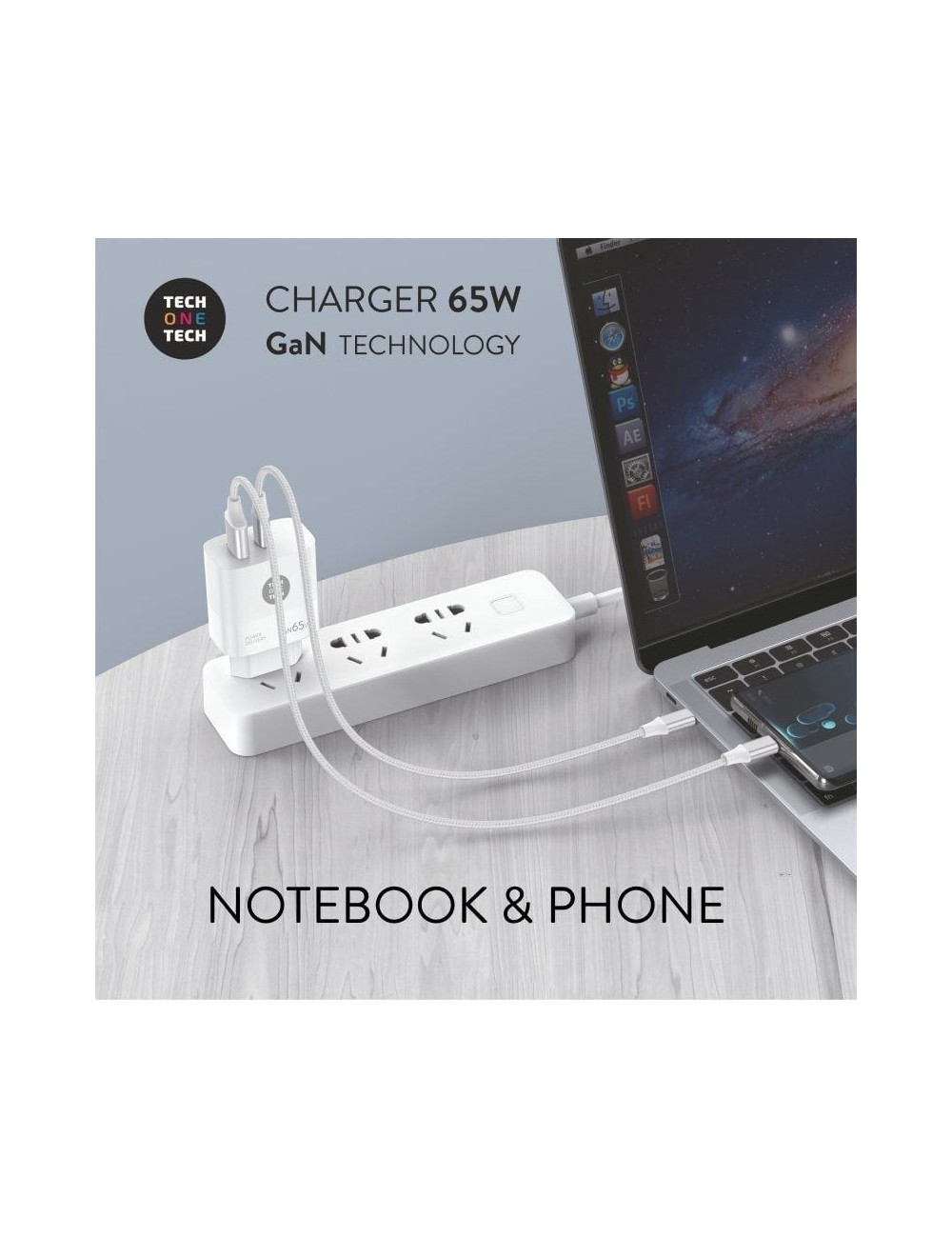 Cargador de Pared GaN Tech One Tech GaN TEC2270/ 1xUSB Tipo-C/ 1xUSB/ 65W/ Blanco