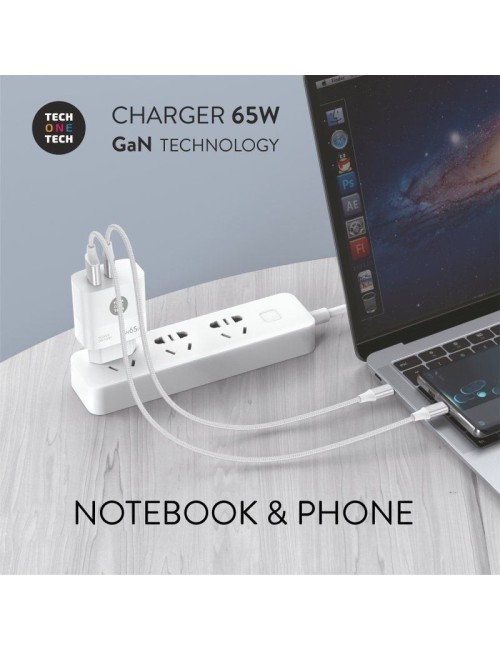 Cargador de Pared GaN Tech One Tech GaN TEC2270/ 1xUSB Tipo-C/ 1xUSB/ 65W/ Blanco