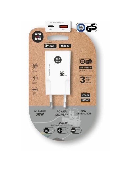 Cargador de Pared GaN Tech One Tech GaN TEC2230/ 1xUSB Tipo-C/ 1xUSB/ 30W/ Blanco
