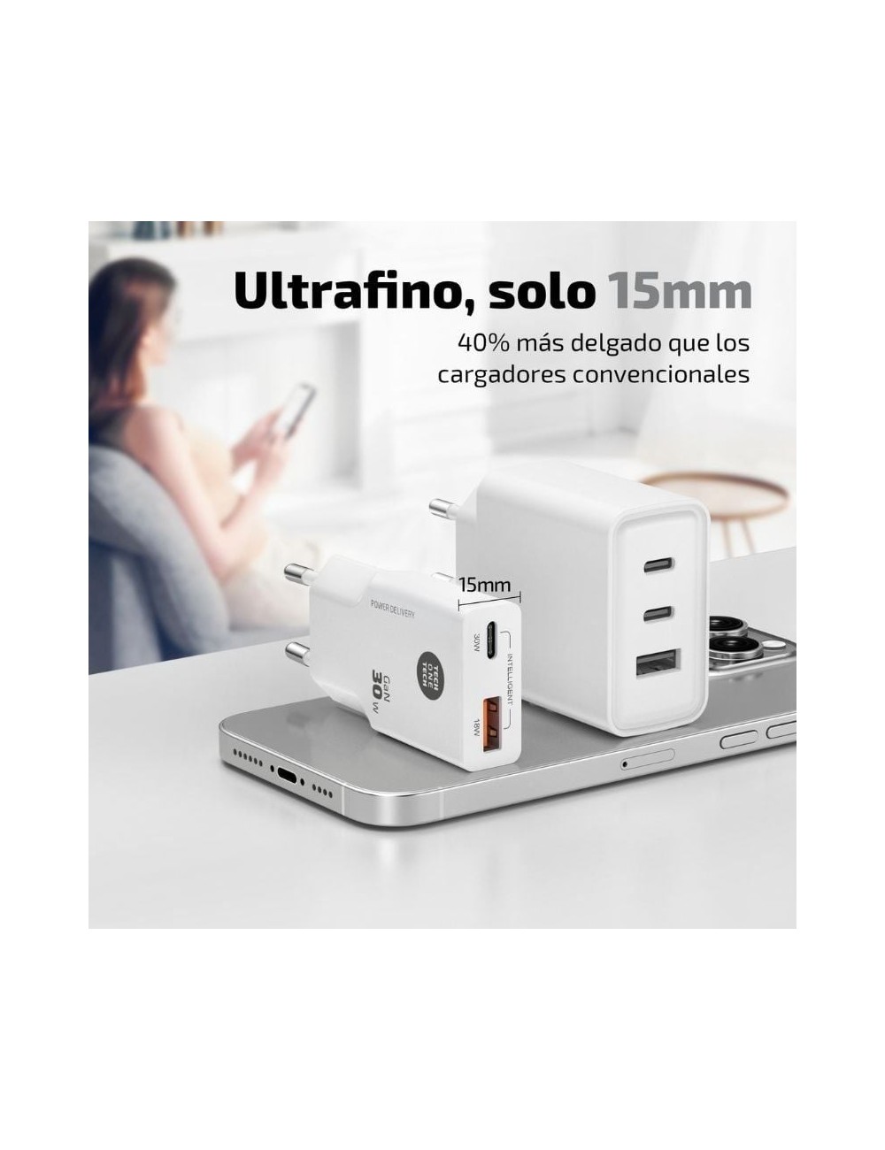 Cargador de Pared GaN Tech One Tech GaN TEC2230/ 1xUSB Tipo-C/ 1xUSB/ 30W/ Blanco