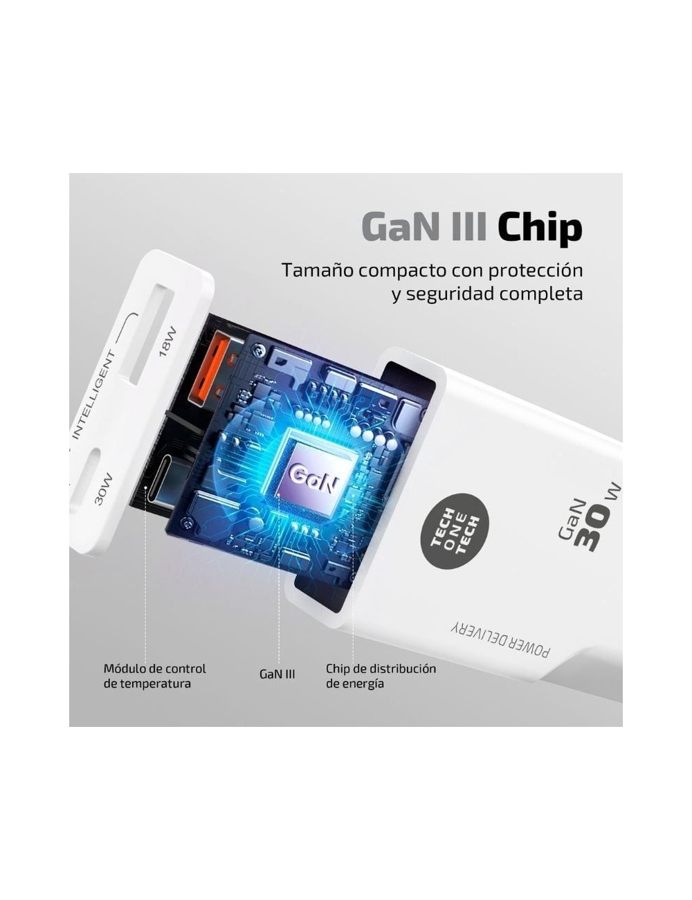 Cargador de Pared GaN Tech One Tech GaN TEC2230/ 1xUSB Tipo-C/ 1xUSB/ 30W/ Blanco