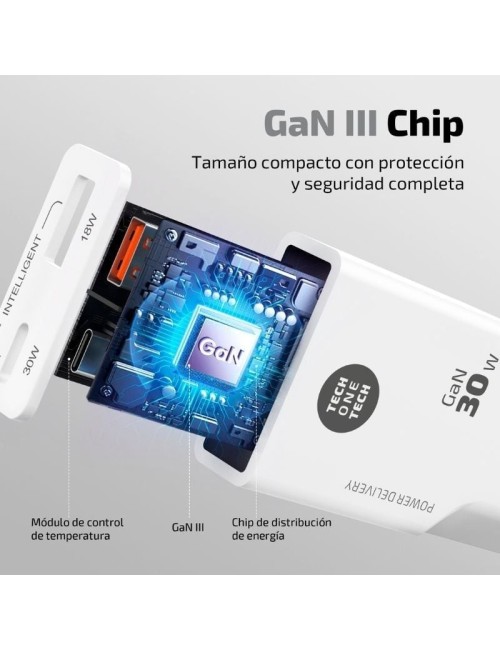 Cargador de Pared GaN Tech One Tech GaN TEC2230/ 1xUSB Tipo-C/ 1xUSB/ 30W/ Blanco