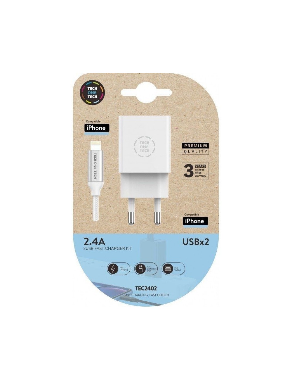 Cargador de Pared Tech One Tech TEC2402/ 2xUSB + Cable Lightning/ 12W/ Blanco