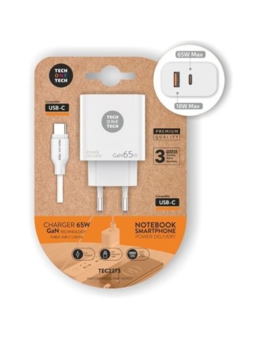 Cargador de Pared GaN Tech One Tech PD TEC2273 / 1xUSB Tipo-C/ 1xUSB/ 65W