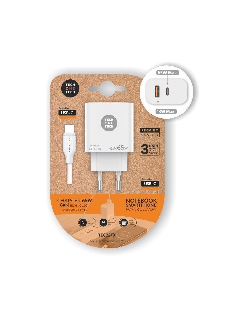 Cargador de Pared GaN Tech One Tech PD TEC2273 / 1xUSB Tipo-C/ 1xUSB/ 65W