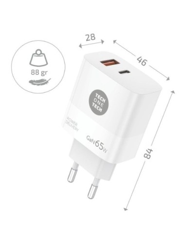 Cargador de Pared GaN Tech One Tech PD TEC2273 / 1xUSB Tipo-C/ 1xUSB/ 65W