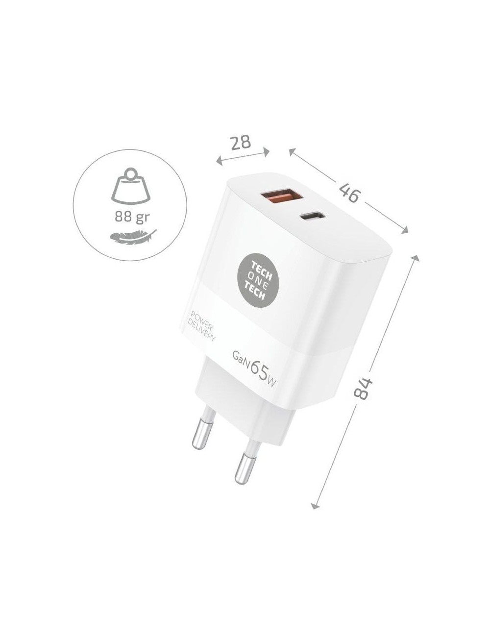 Cargador de Pared GaN Tech One Tech PD TEC2273 / 1xUSB Tipo-C/ 1xUSB/ 65W