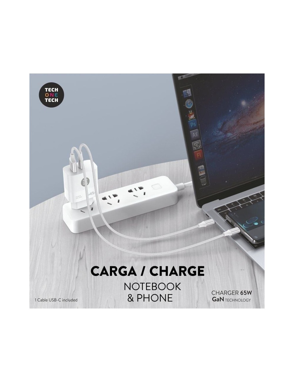 Cargador de Pared GaN Tech One Tech PD TEC2273 / 1xUSB Tipo-C/ 1xUSB/ 65W