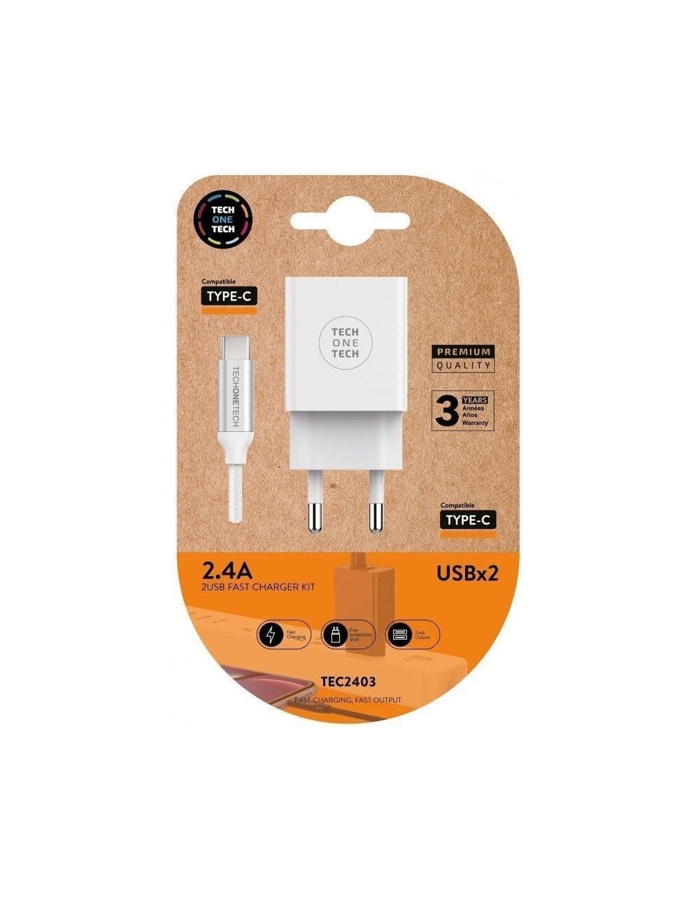 Cargador de Pared Tech One Tech TEC2403/ 2xUSB + Cable USB Tipo-C/ 12W/ Blanco