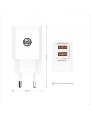 Cargador de Pared Tech One Tech TEC2403/ 2xUSB + Cable USB Tipo-C/ 12W/ Blanco