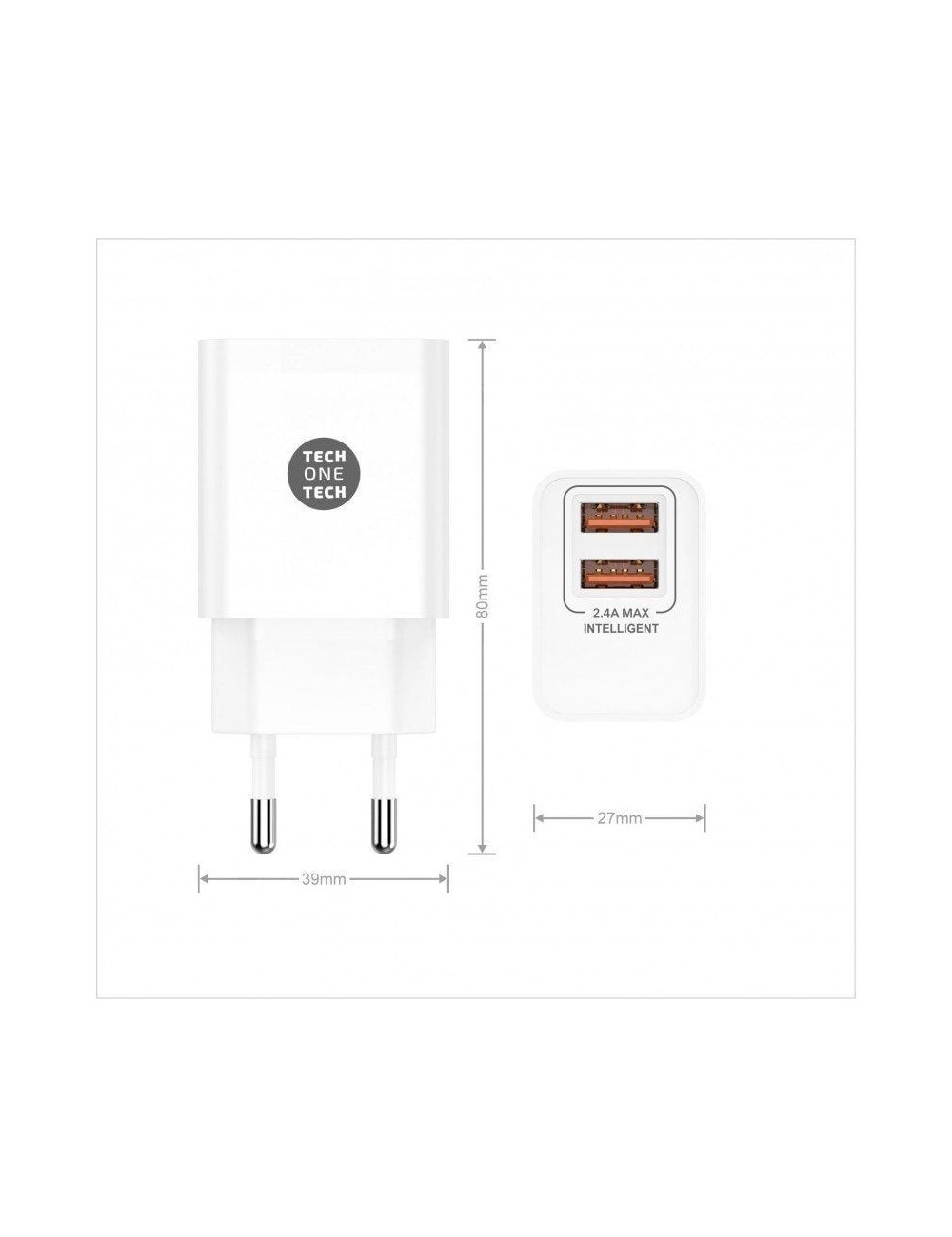 Cargador de Pared Tech One Tech TEC2403/ 2xUSB + Cable USB Tipo-C/ 12W/ Blanco