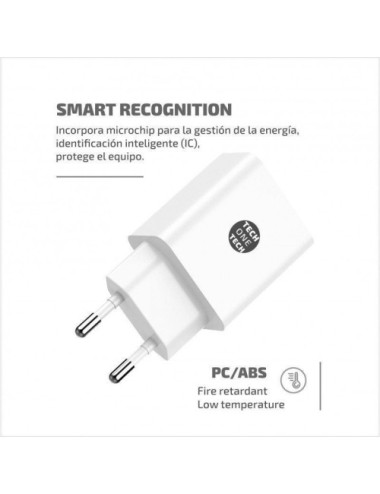 Cargador de Pared Tech One Tech TEC2403/ 2xUSB + Cable USB Tipo-C/ 12W/ Blanco