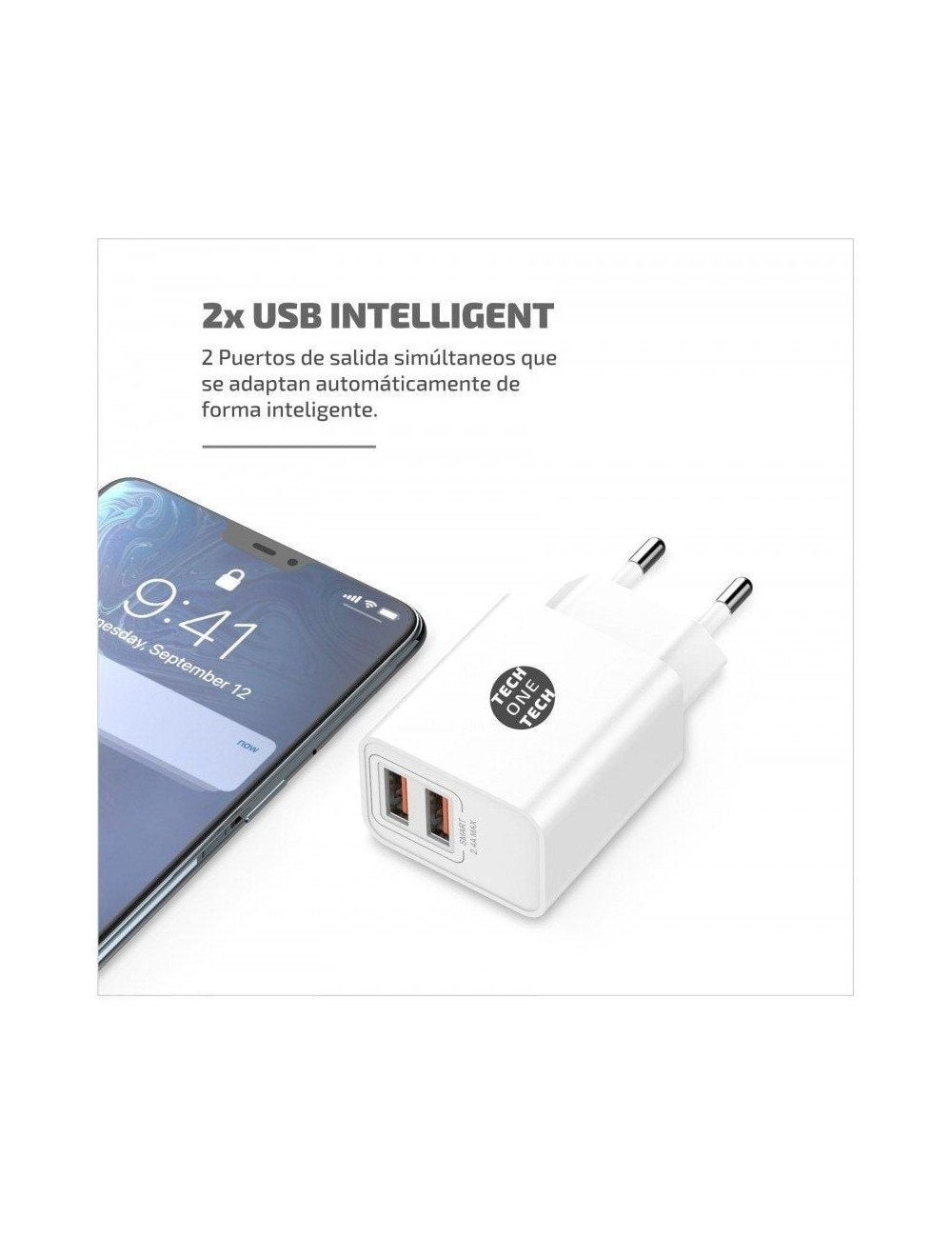 Cargador de Pared Tech One Tech TEC2403/ 2xUSB + Cable USB Tipo-C/ 12W/ Blanco