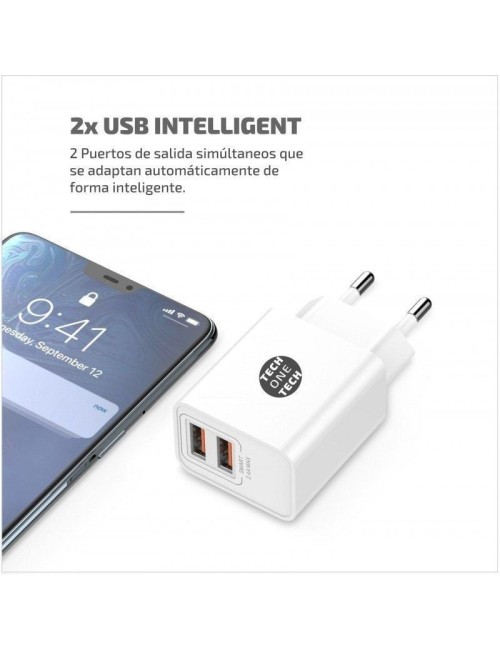 Cargador de Pared Tech One Tech TEC2403/ 2xUSB + Cable USB Tipo-C/ 12W/ Blanco