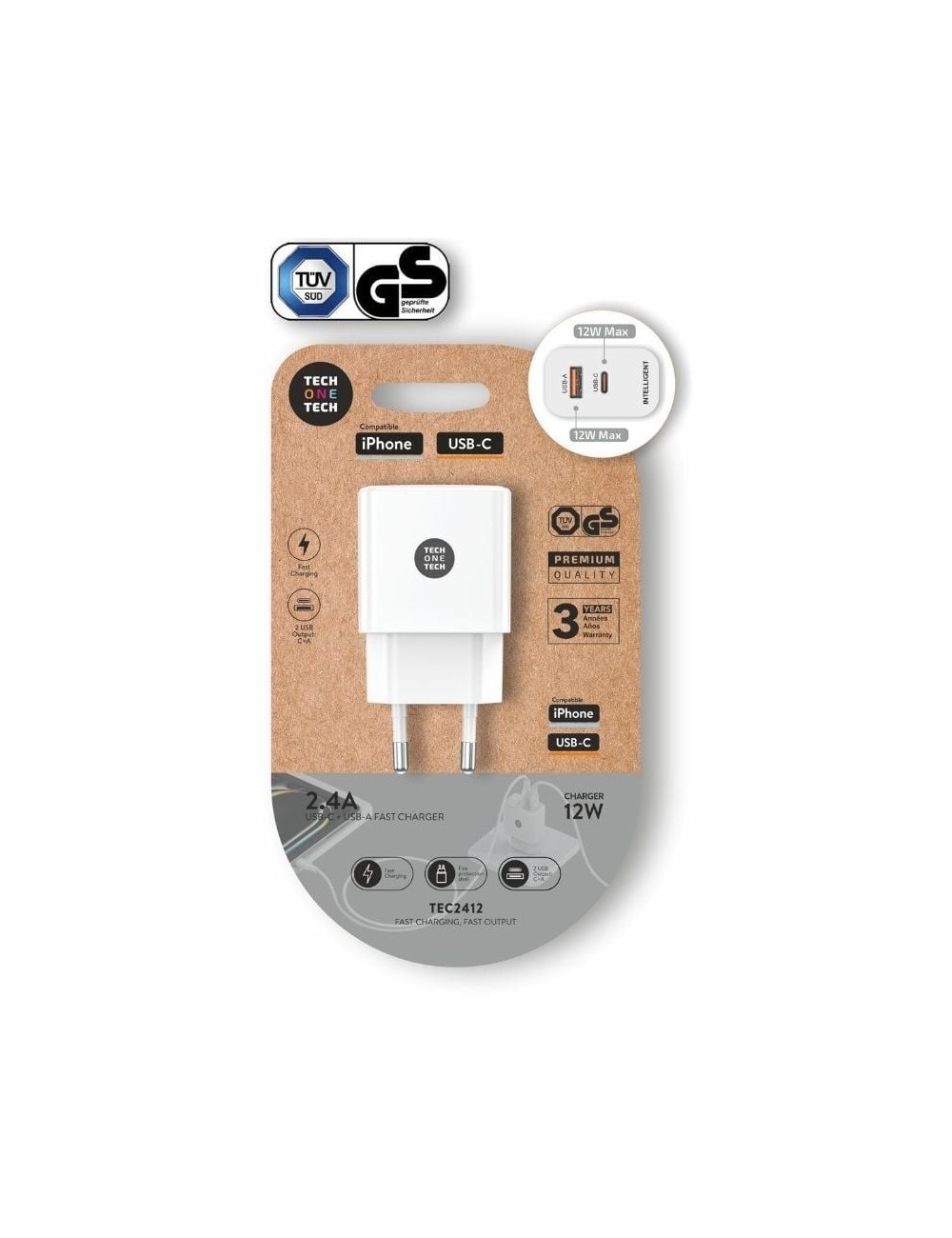 Cargador de Pared Tech One Tech TEC2412/ 1xUSB Tipo-C/ 1xUSB/ 12W/ Blanco