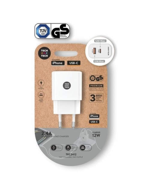 Cargador de Pared Tech One Tech TEC2412/ 1xUSB Tipo-C/ 1xUSB/ 12W/ Blanco