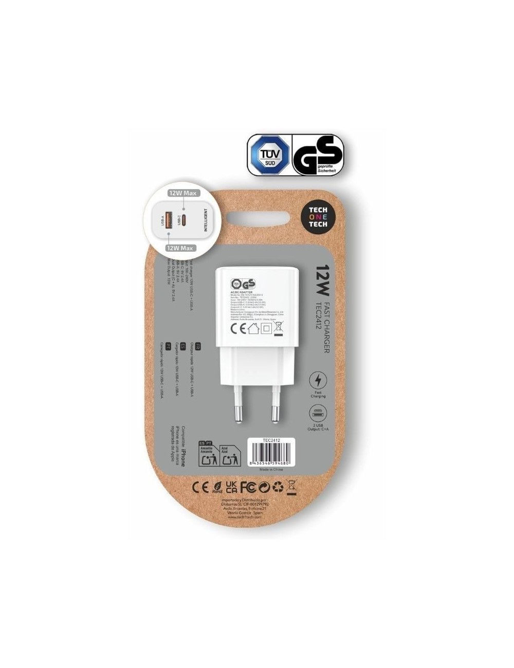 Cargador de Pared Tech One Tech TEC2412/ 1xUSB Tipo-C/ 1xUSB/ 12W/ Blanco