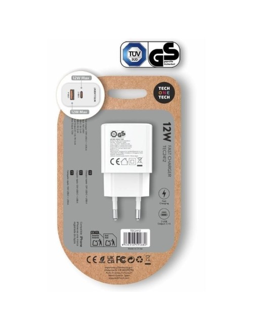 Cargador de Pared Tech One Tech TEC2412/ 1xUSB Tipo-C/ 1xUSB/ 12W/ Blanco