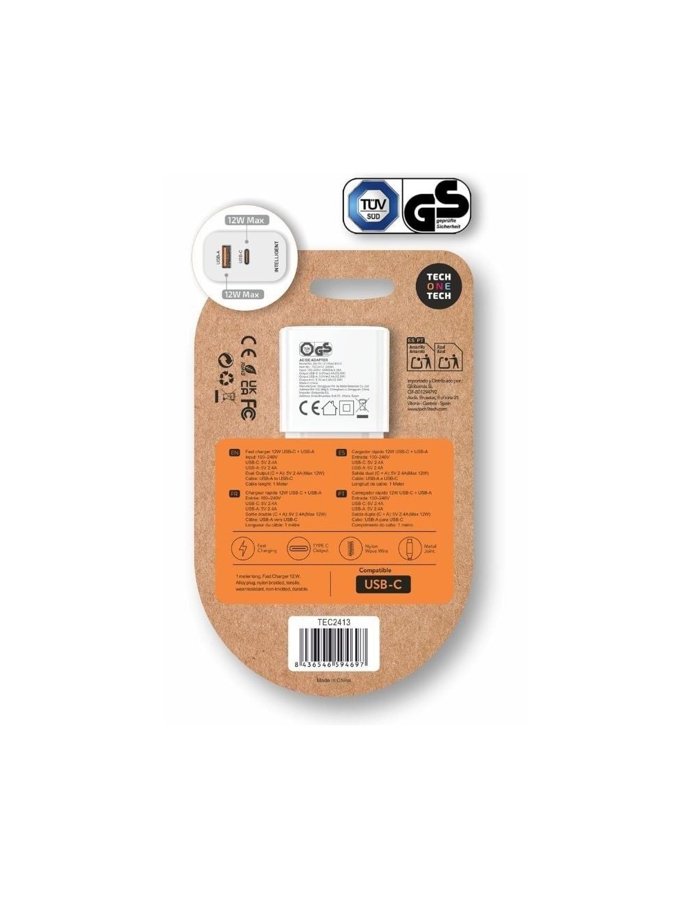 Cargador de Pared Tech One Tech TEC2413/ 1xUSB Tipo-C/ 1xUSB + Cable USB Tipo-C/ 12W/ Blanco
