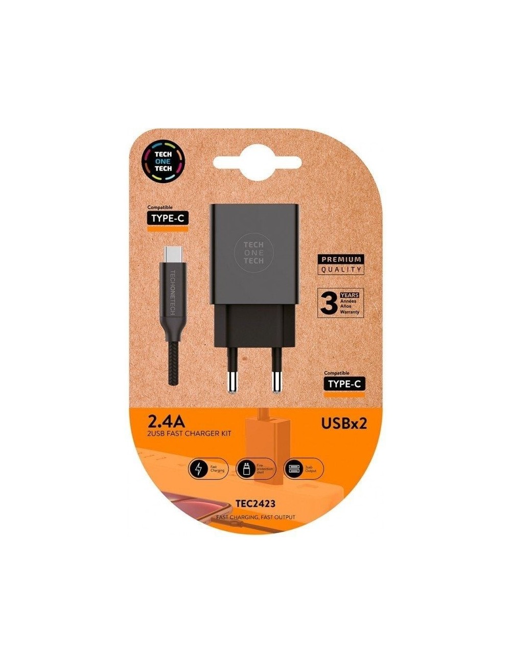 Cargador de Pared Tech One Tech TEC2423/ 2xUSB + Cable USB Tipo-C/ 12W/ Negro